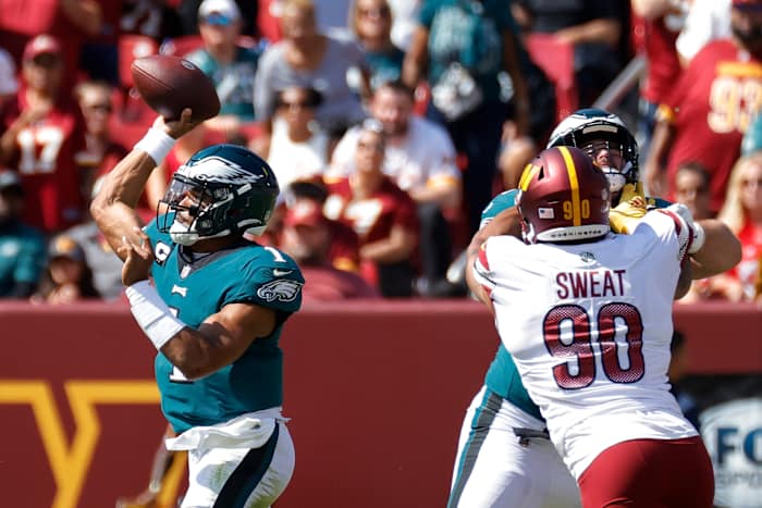 Quarterback Jalen Hurts and the Philadelphia Eagles will face off with the Washington Commanders in Week 8.